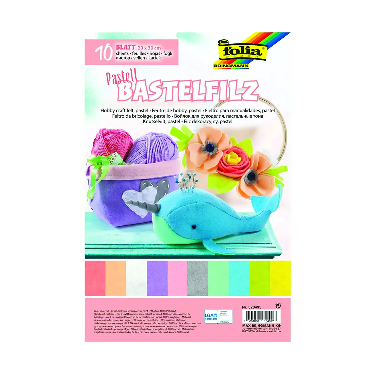 Feltro Fogli 20x29 cm – 10 Colori Pastello - 100% Acrilico - Tessuti e stoffe