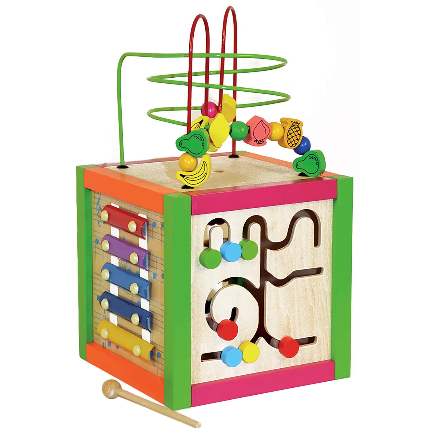Cubocolor Multiattività in Legno – Centro Attività con Xilofono, Pallottoliere e Spirale - Motricità fine
