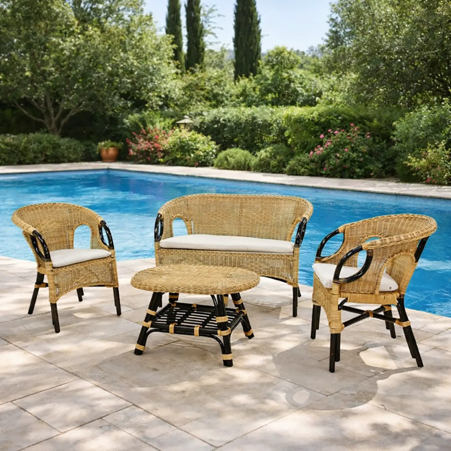 Salotto Lucrezia Rattan 4pz Col. Noce NAT Rattan Con Cuscini - tavoli, sedie e poltroncine