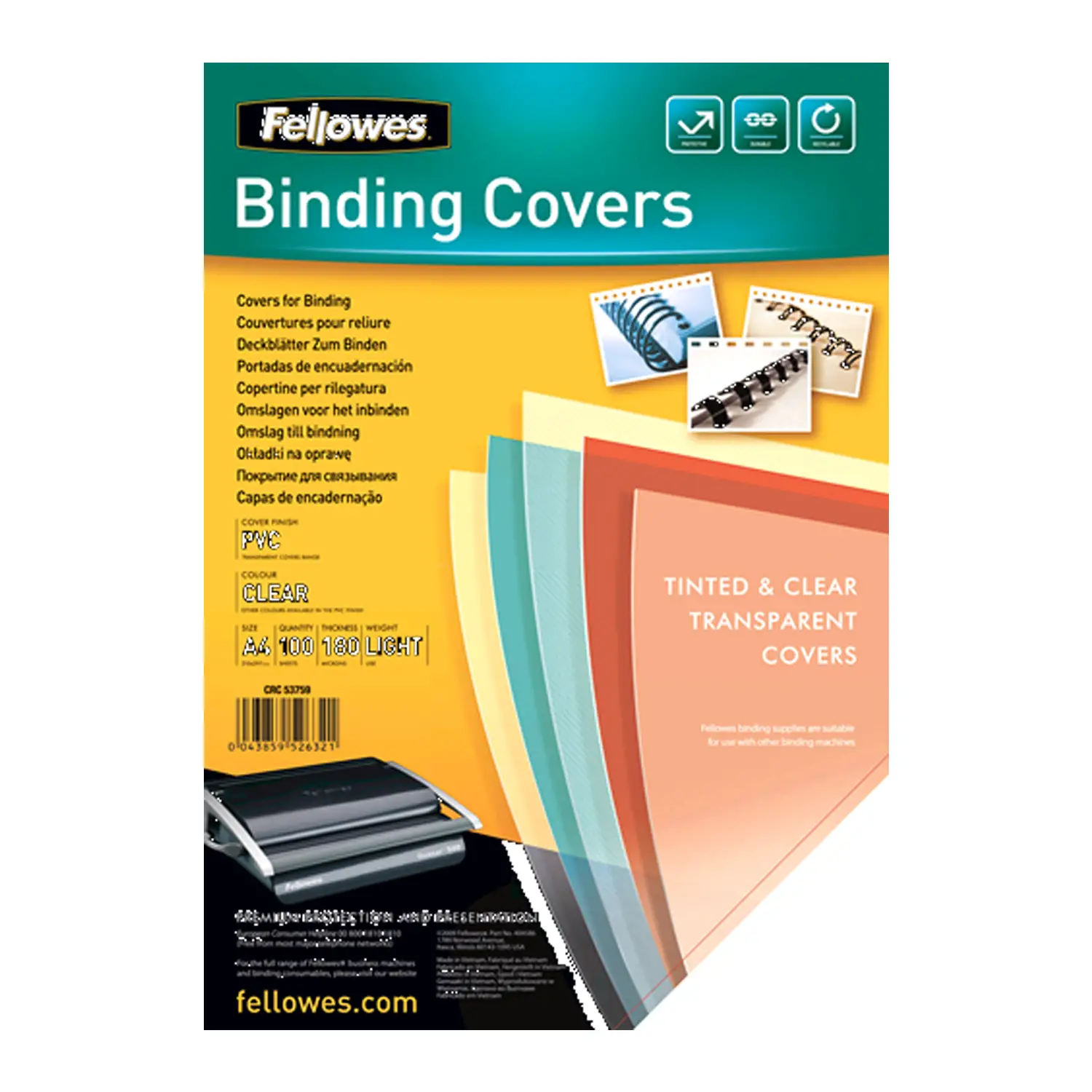 Copertine PVC Trasparenti A4 Fellowes 180 Micron – Confezione da 100 Pezzi - Rilegare e Plastificare