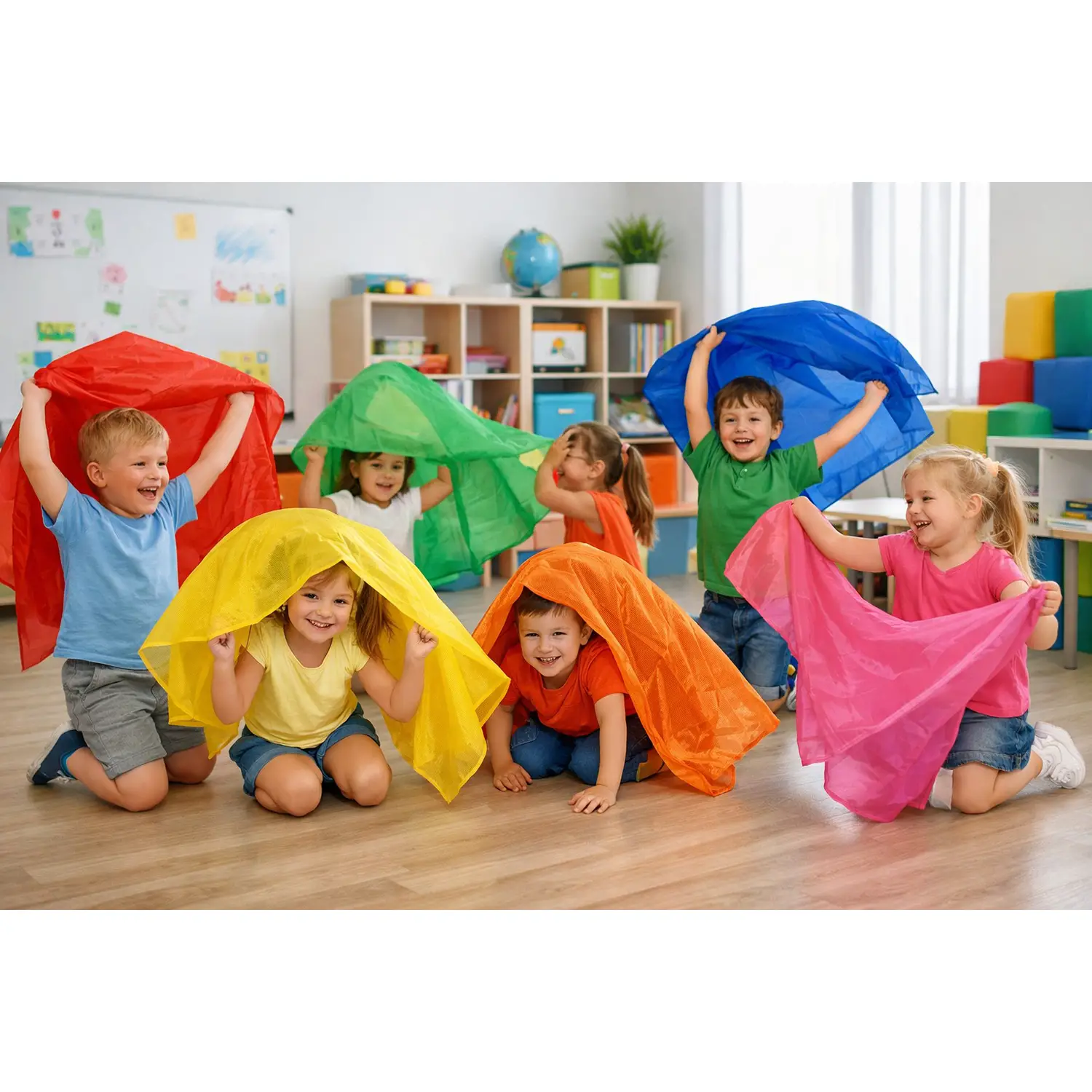 Foulard Psicomotori in Nylon cm. 140x140 per Giochi Creativi e Movimento, Set 6 Colori - Percorsi psicomotori