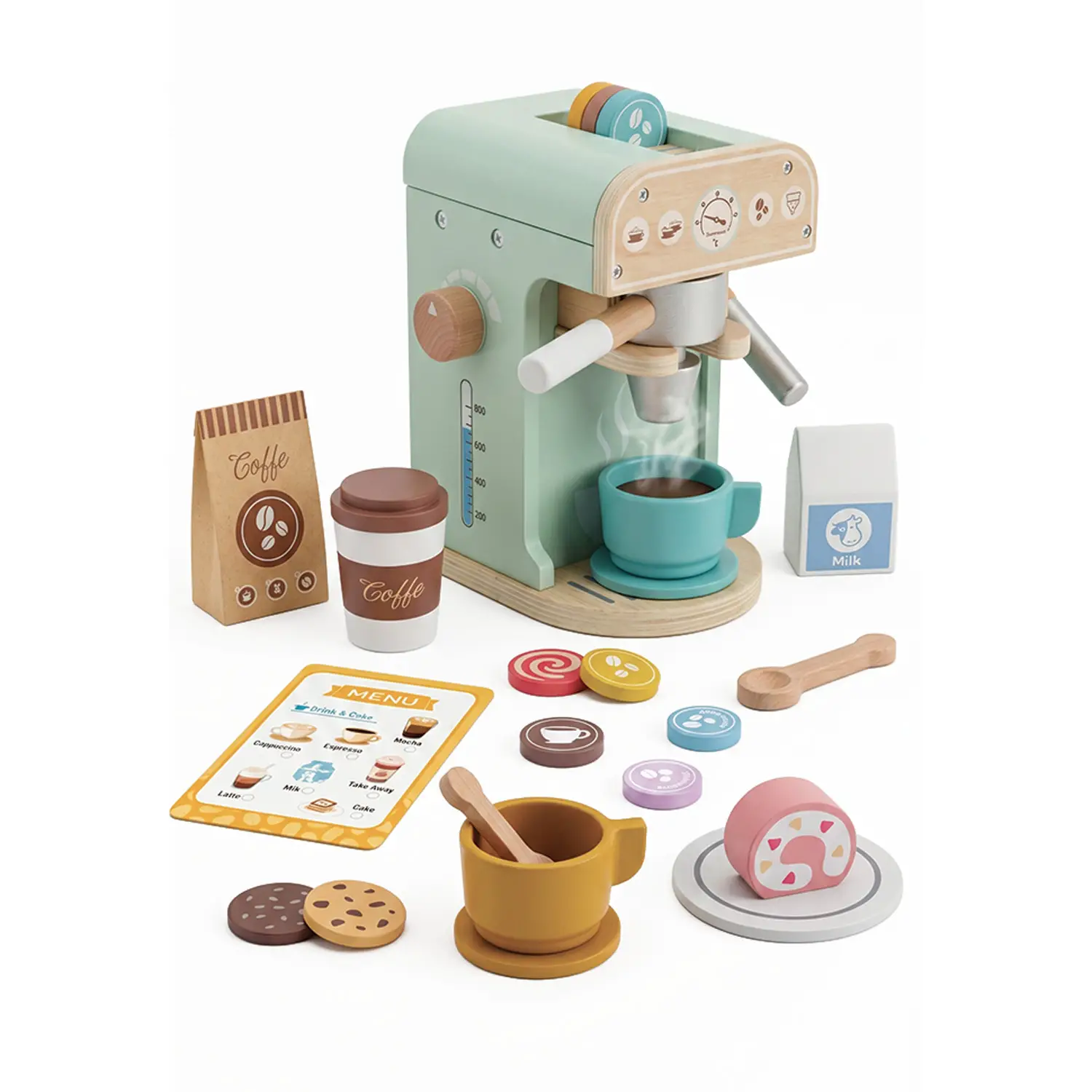 Macchina del Caffè Gioco in Legno con Cialde, Dolci e Menu - Cucine e gioco simbolico