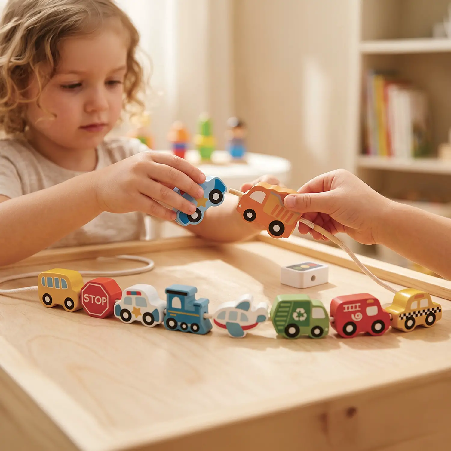 Gioco da Infilare in Legno Veicoli, Motricità Fine Montessori - Motricità fine