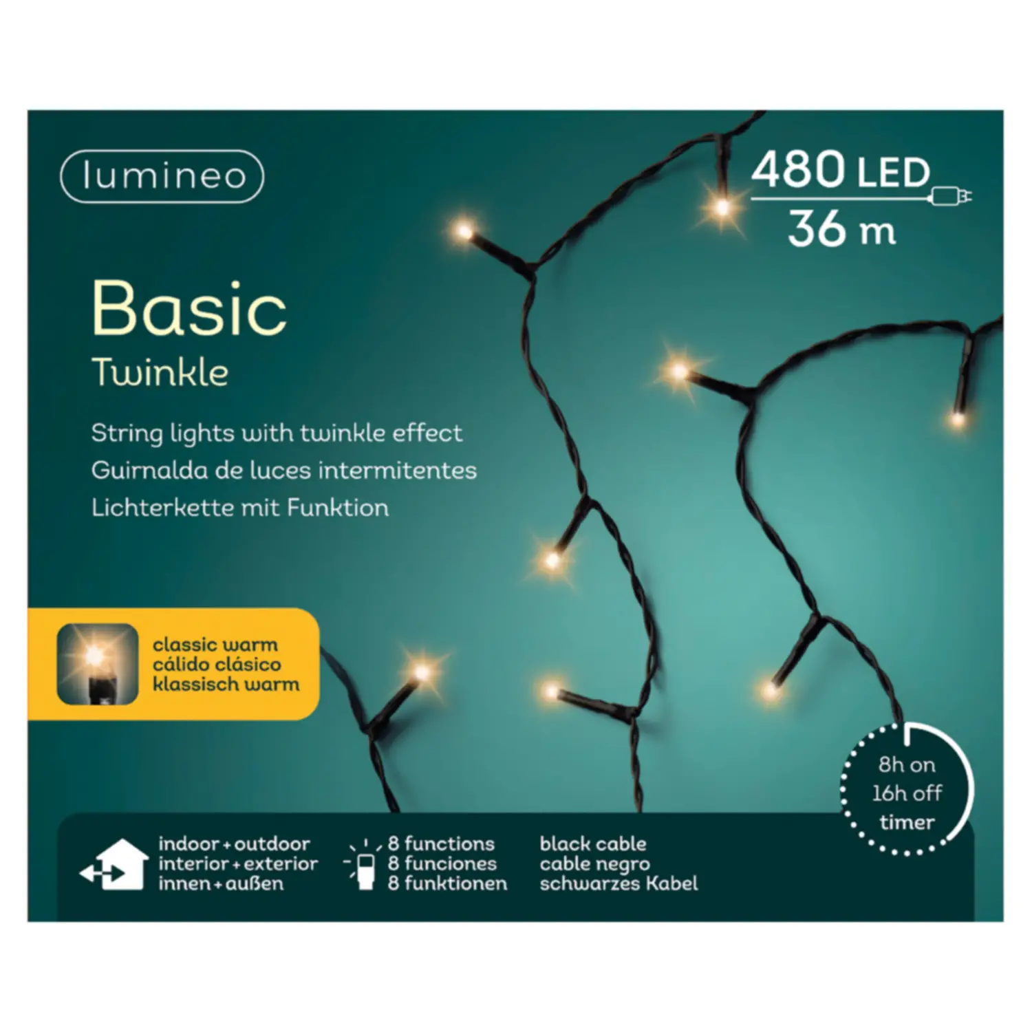 Luci di Natale Lumineo Basic - 480 Led Luce Calda - Filo Nero da 36 metri - luci