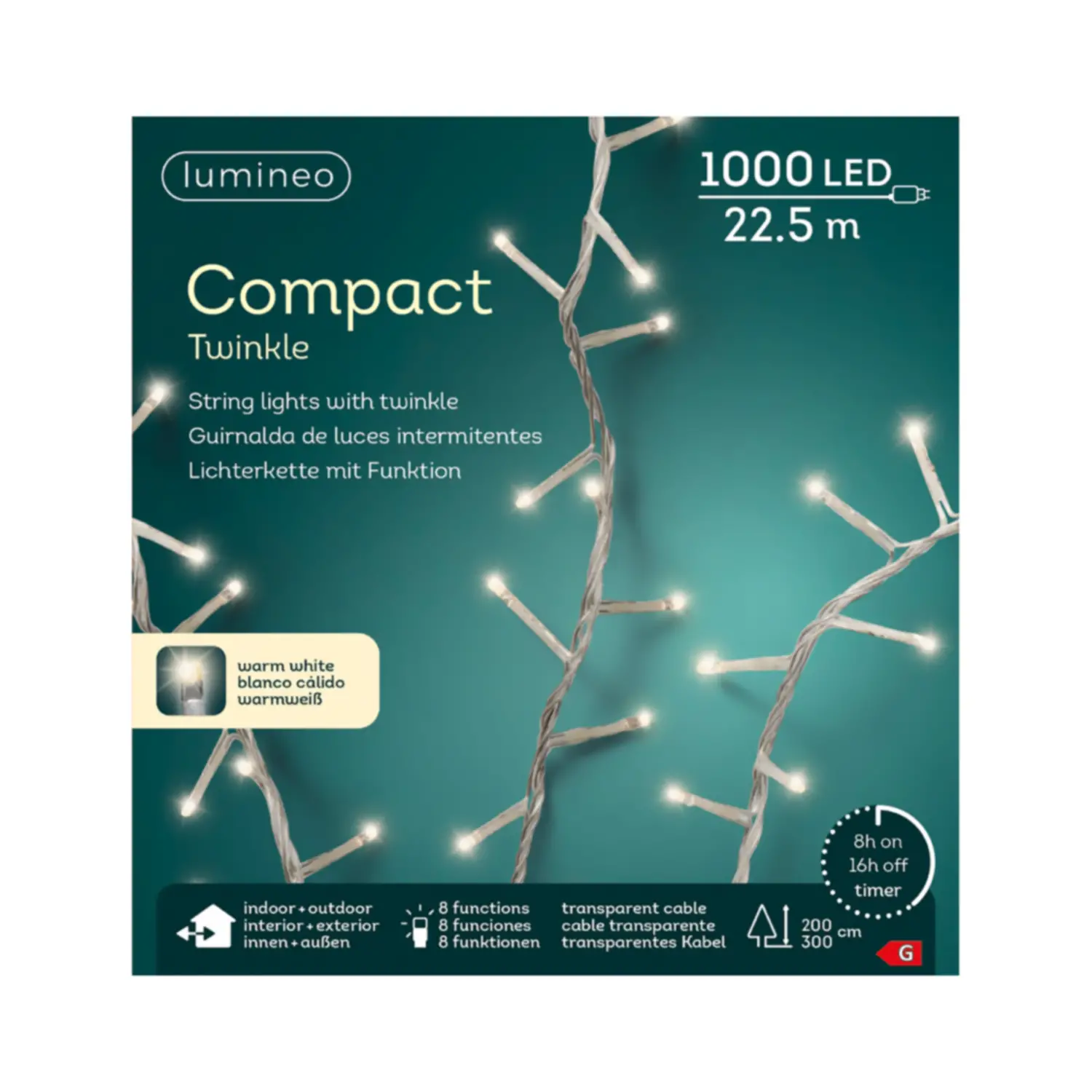 Luci di Natale Lumineo Compact - 1000 Led Bianco caldo - Filo Trasparente da 22,5 metri - luci