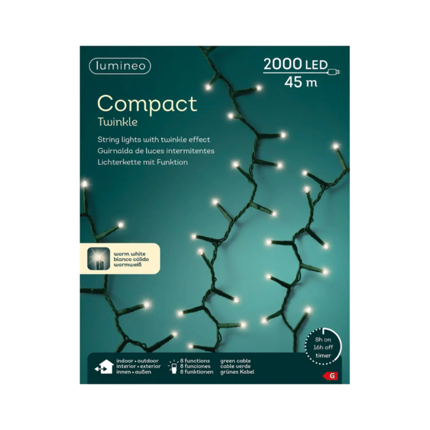 Luci di Natale Lumineo Compact - 2000 Led Bianco Caldo - Filo Verde da 45 metri - luci
