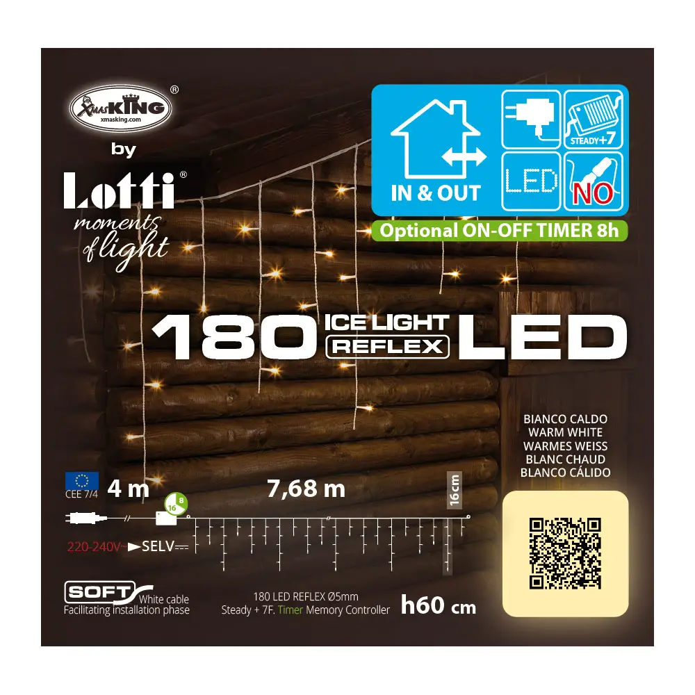 Catena Luminosa Ice Light 180 LED Bianco Caldo 7,68 m - luci