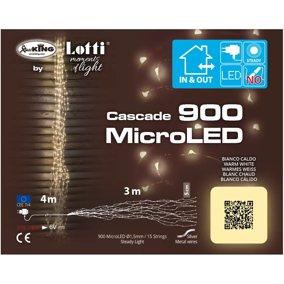 Luci di Natale Lotti - Cascata 900 Micro Led Bianco Caldo - Filo Silver da 3 metri - luci