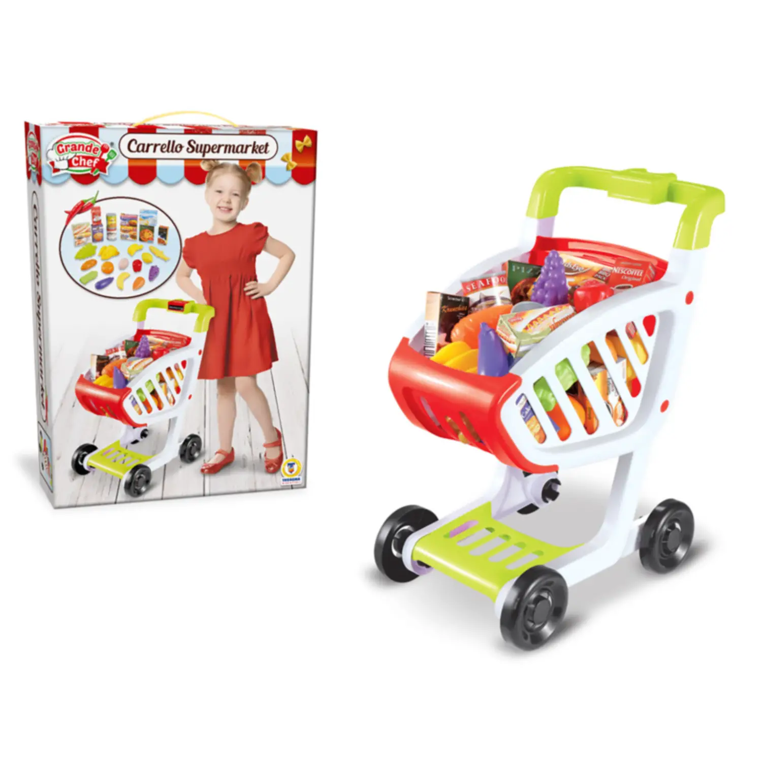 Grande Chef – Carrello della Spesa Giocattolo con 25 Accessori - Alimenti, mercatini, stoviglie