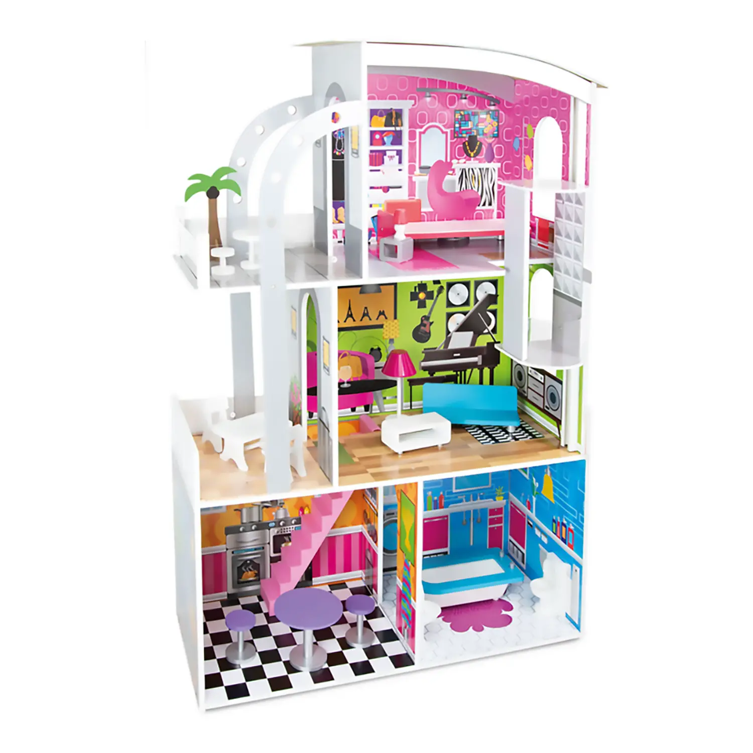 Fatto di Legno - Villa Hollywood H. 110 Cm con Ascensore - play set e accessori bambole