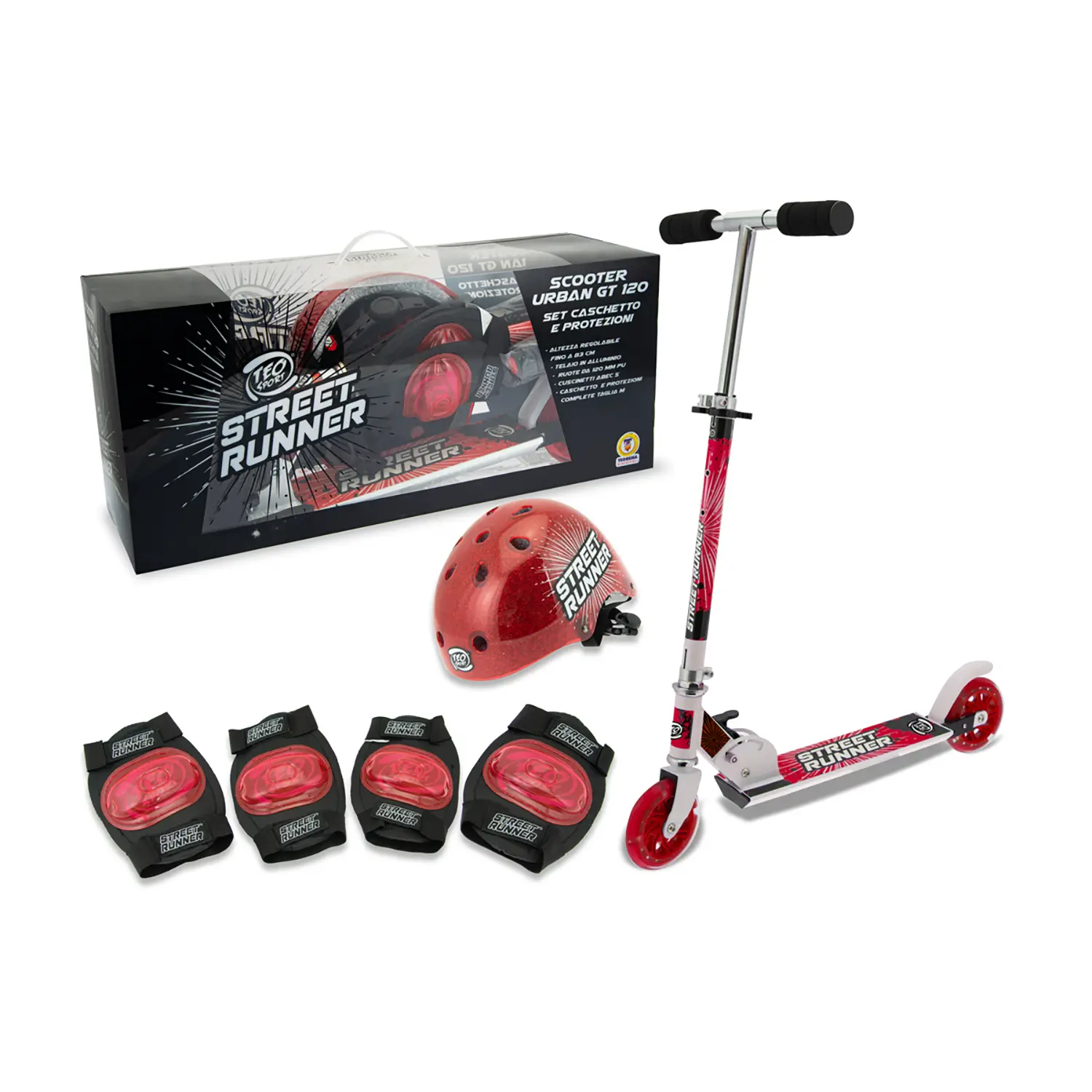 Set Monopattino Rosso con Casco e Protezioni Max 50Kg Ruote Pu 120Mm Abec 5 Taglia M - Teosport - monopattini