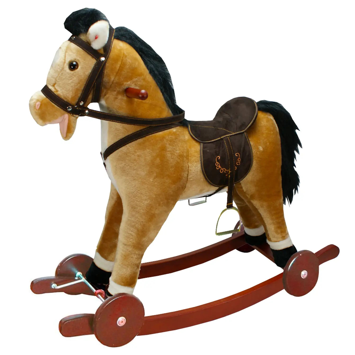 Cavallo a Dondolo Grande Marrone Chiaro, Peluche Cavalcabile con Ruote, Nitrisce e Muove la Bocca - Primi movimenti
