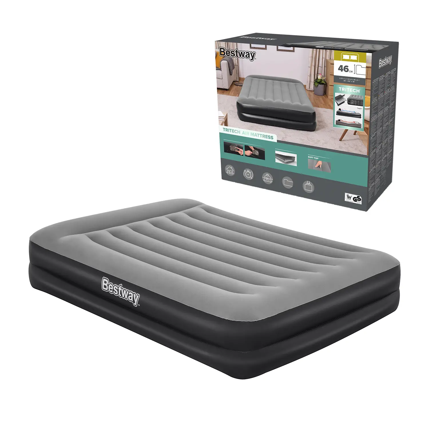 Airbed Tritech Bicolor Nero/Grigio Matrimoniale Floccato Cm. 203X152X46 - materassi gonfiabili