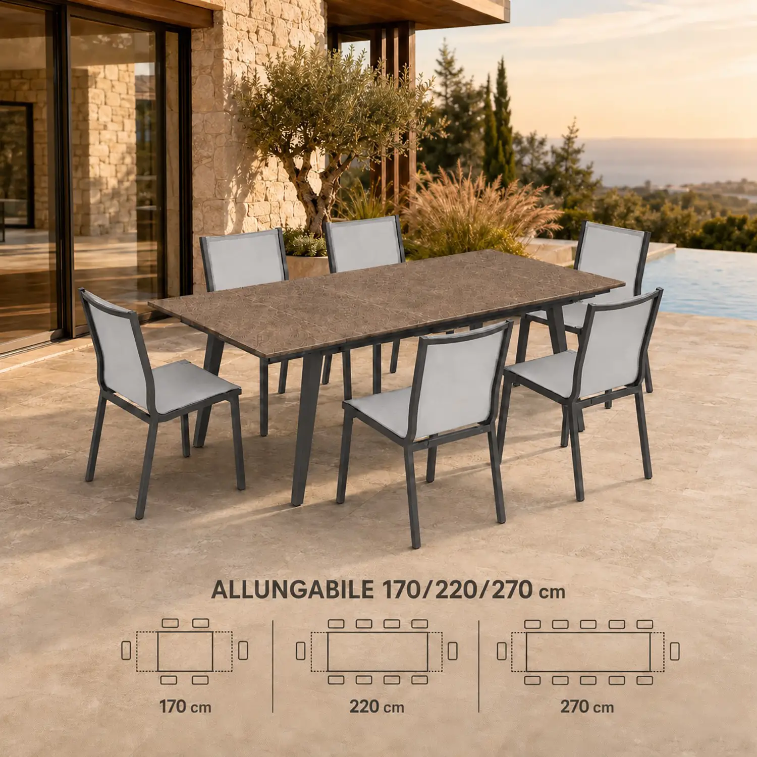 Tavolo Merano Stone Allungabile in Alluminio Marrone e Antracite, cm 170/220/270 - tavoli, sedie e poltroncine
