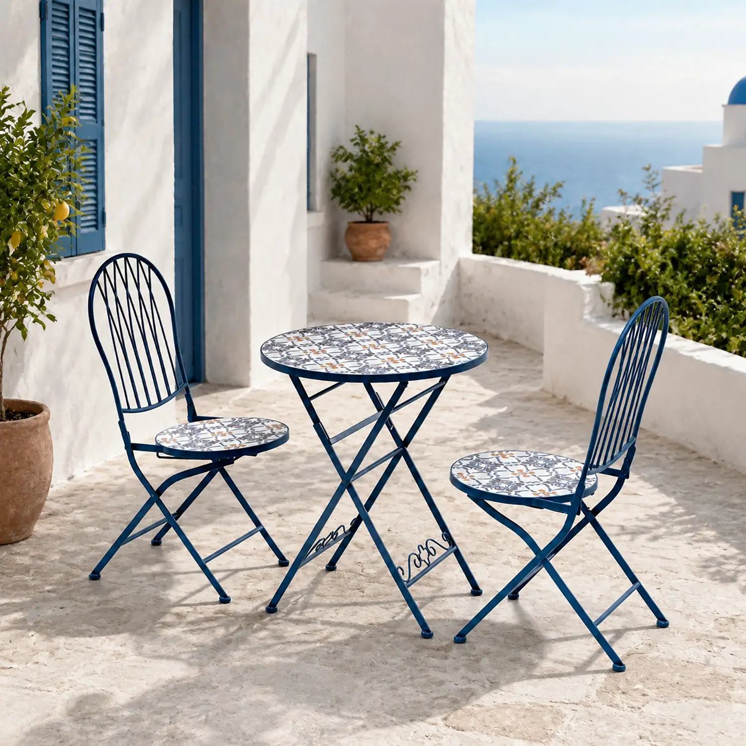 Set Capri Tavolo+2 Sedie Piegh. Diam. 60 Cm H 93 Maioliche Blu Salmar - tavoli, sedie e poltroncine