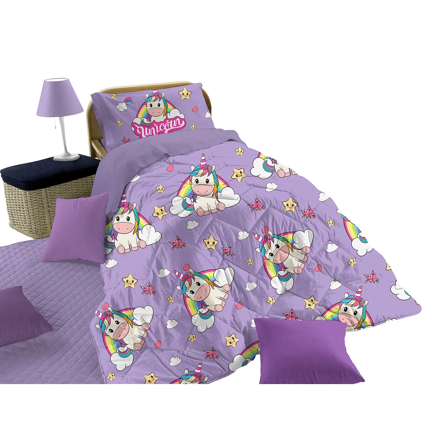 Trapunta 1 Piazza Micro 170x260 Unicorno Arcobaleno Lilla - biancheria casa