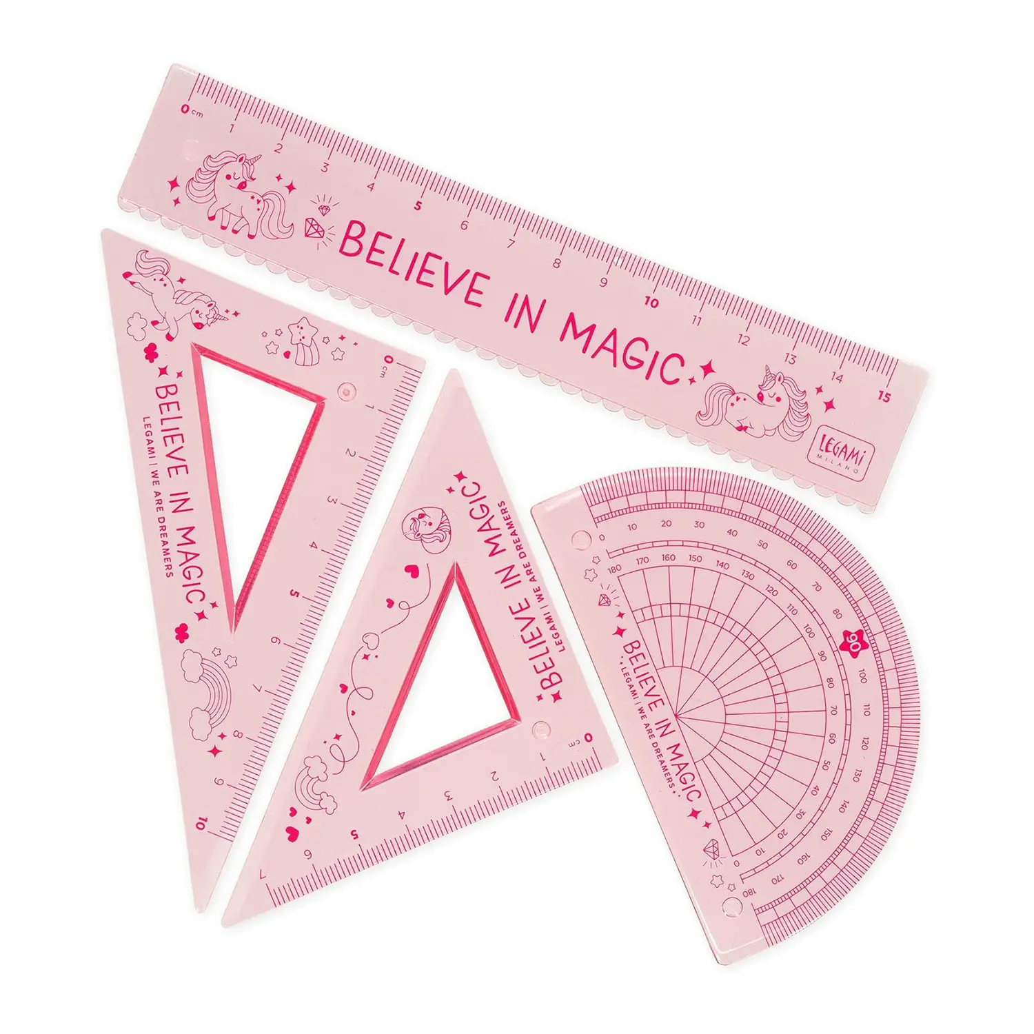 Set Righello da 15 cm, Squadra 60° da 10 cm, Goniometro 180°- Unicorn - legami