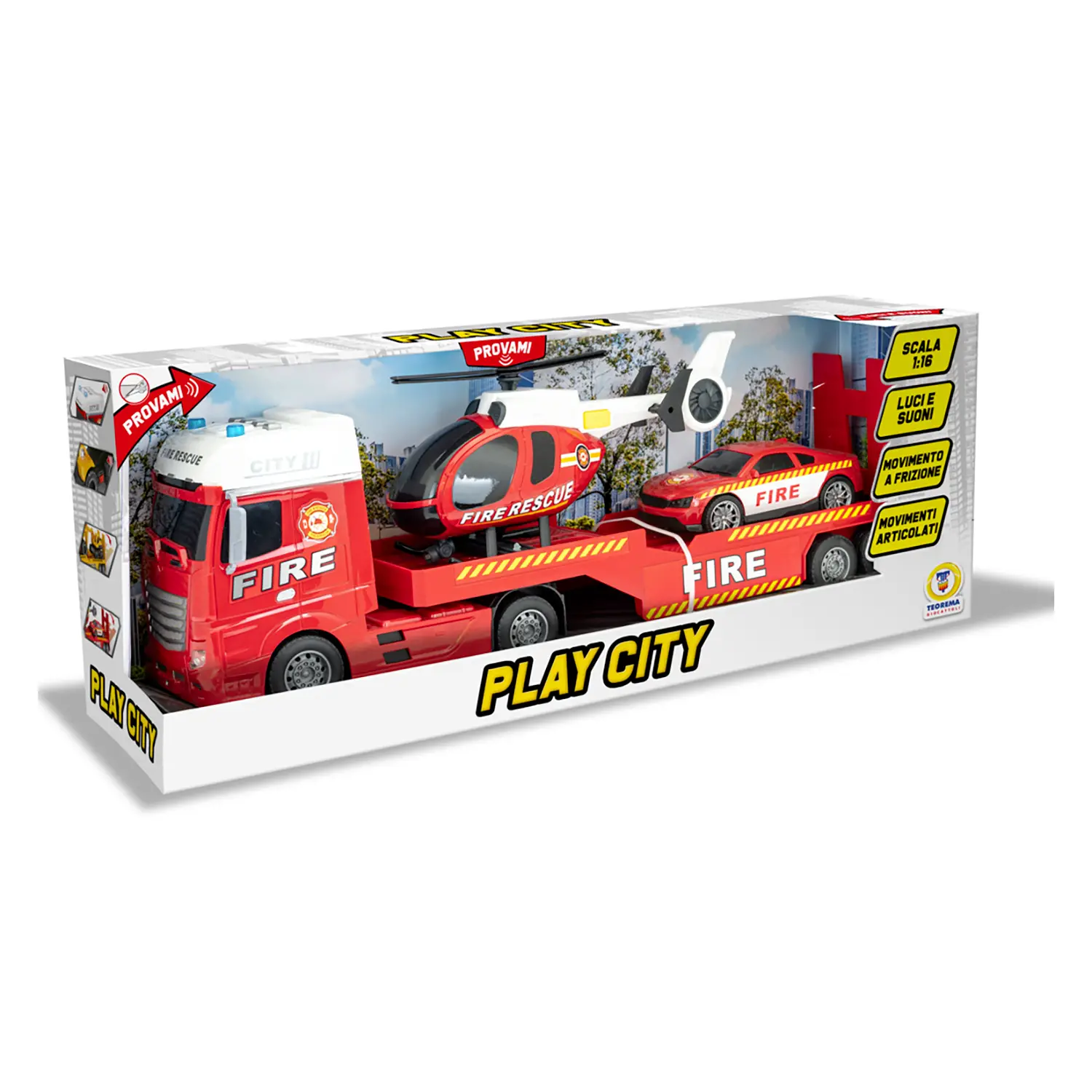 Play City - Tir Trasportatore Pompieri 1:12 con Elicottero e Macchina Luci e Suoni - modellini