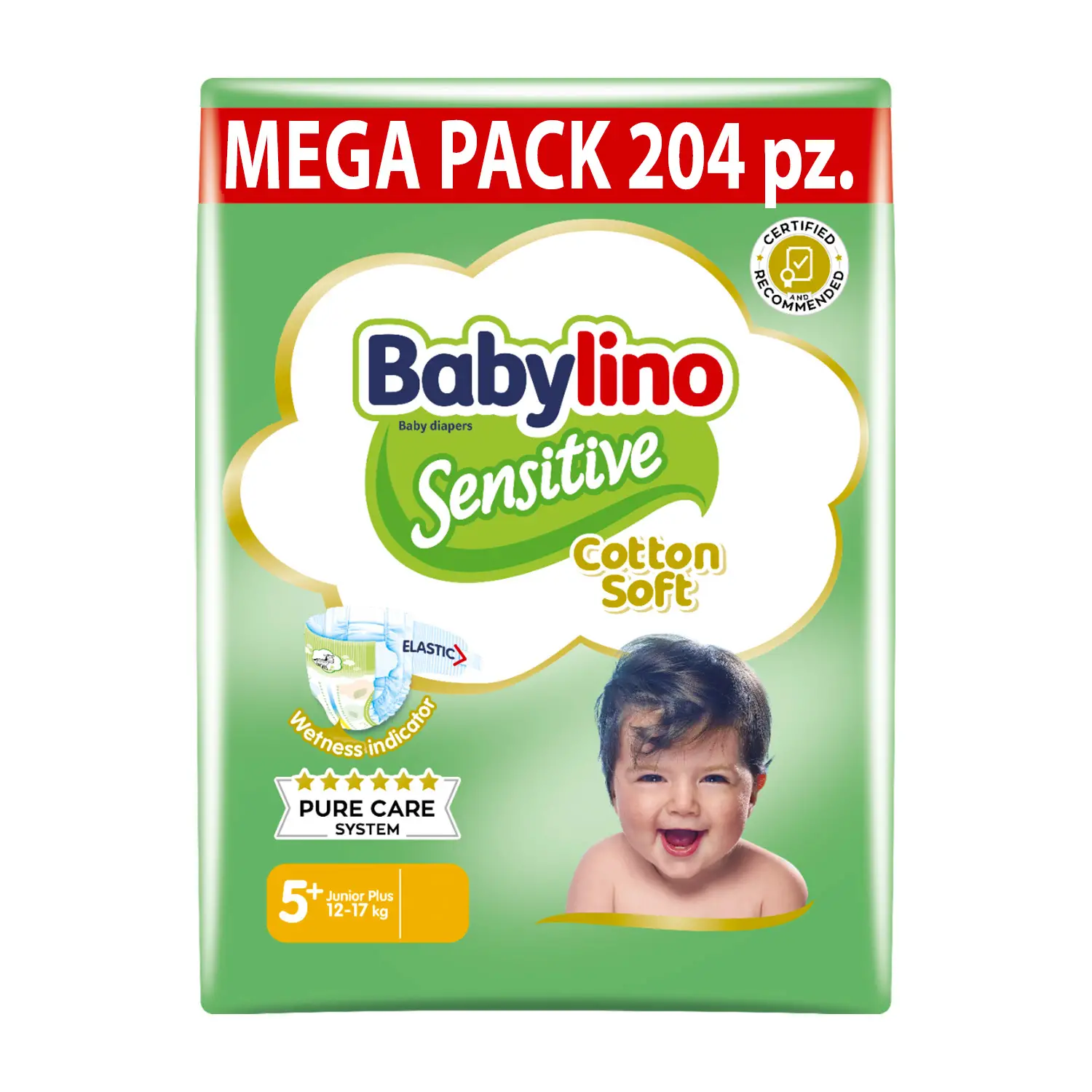 Babylino Sensitive Pannolini Taglia 5+, Junior Plus (12-17Kg), 68 Unità - pannolini e salviettine