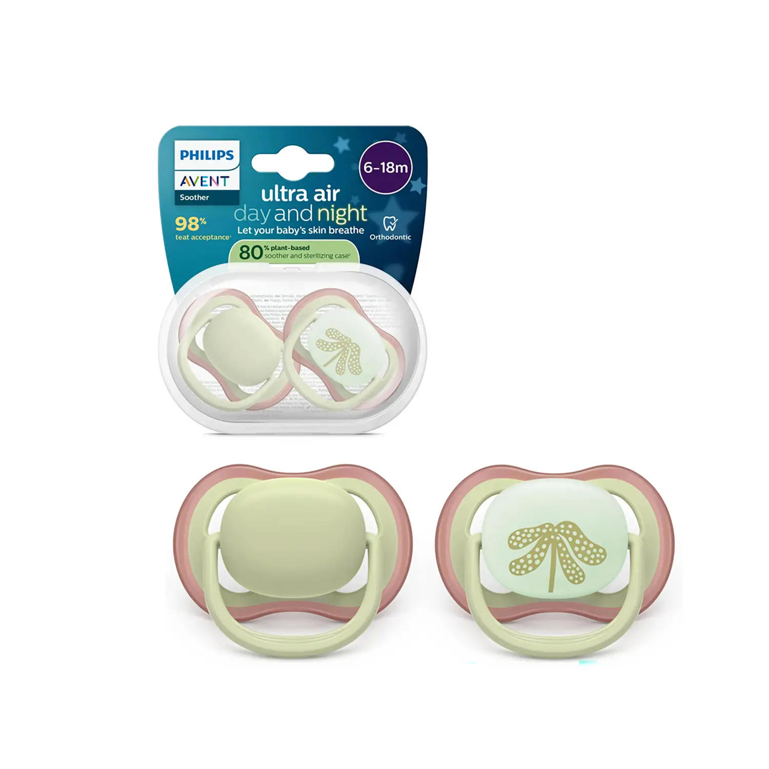 Ciuccio Philips Avent Ultra Air Day&Night 6-18M Verde Pastello/Foglia - ciucci