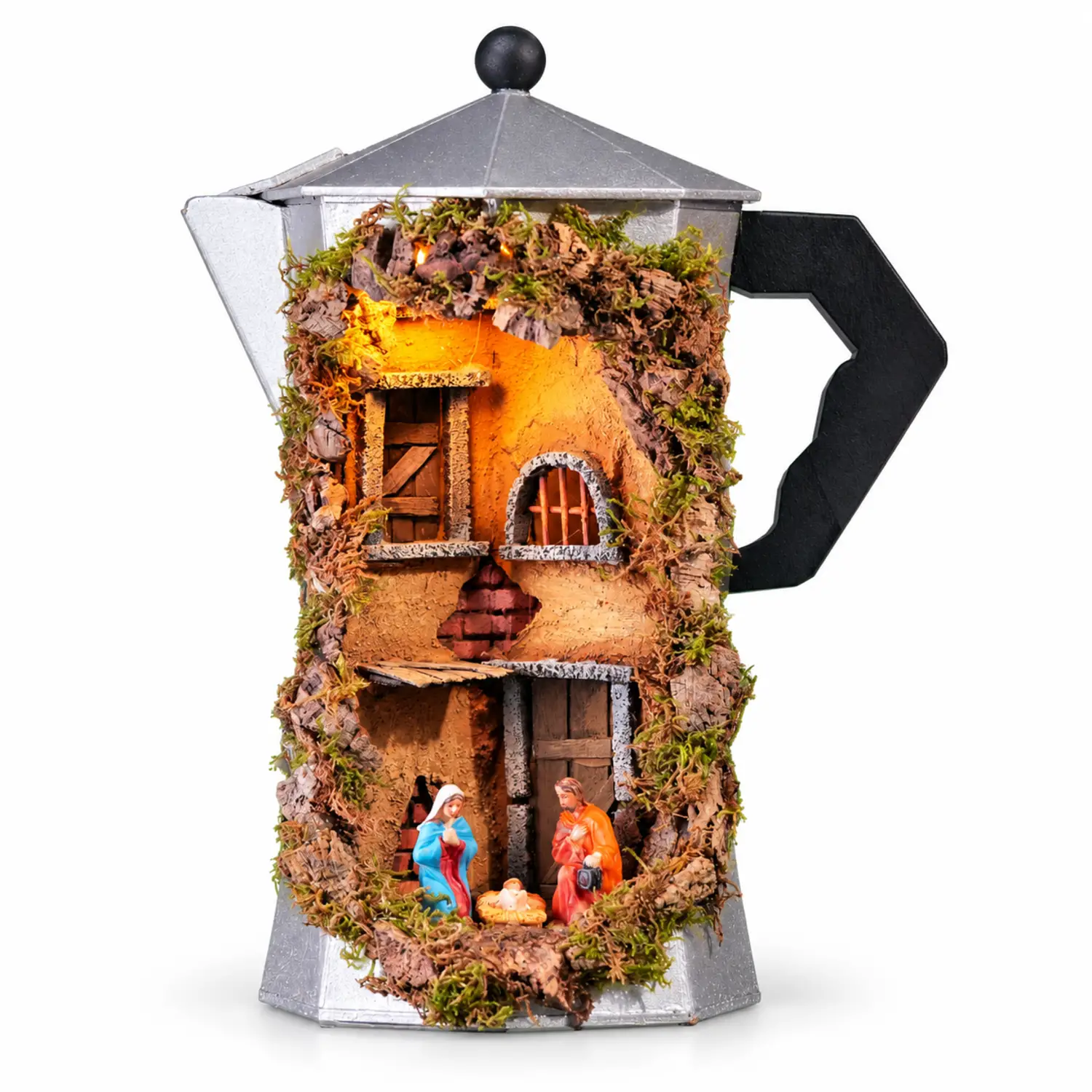 Moka con Presepe Illuminato e Natività LED 14x14x30 cm - Rossi Rosa - presepi