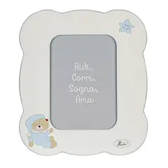 CORNICE PORTA FOTO IN LEGNO BIANCO MARGHERITA CON ORSO CELESTE VERTICALE