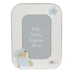 CORNICE PORTA FOTO IN LEGNO BIANCO CON ORSO CELESTE VERTICALE
