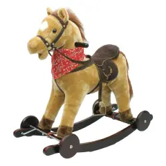 Cavallo a Dondolo Marrone Chiaro con Ruote, Peluche Cavalcabile, Nitrisce e Muove la Bocca