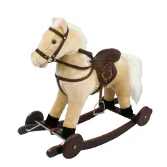 Cavallo a Dondolo Beige con Ruote, Peluche Cavalcabile, Nitrisce e Muove la Bocca
