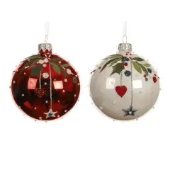 Pallina Natale in Vetro Ø8 cm con Rami Natalizi Decorati